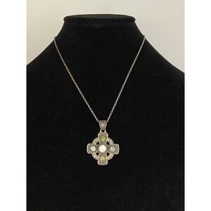 Sterling 18K Indonesia Signed BA Pendant Blue/Green/White Stones925 Necklace